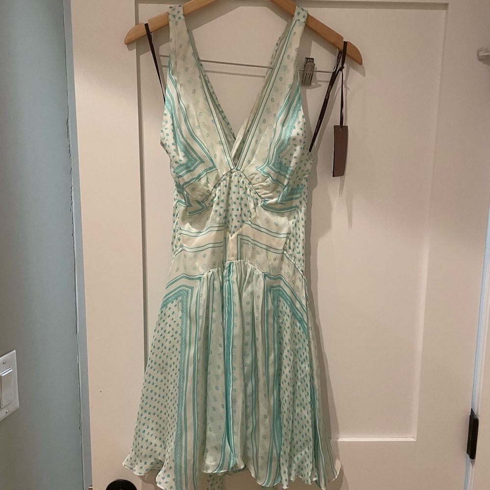 Roberto Cavalli flare teal and white mini dress with pockets NWT